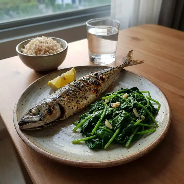 Ilustrasi Menu Ikan dan Sayur Bayam