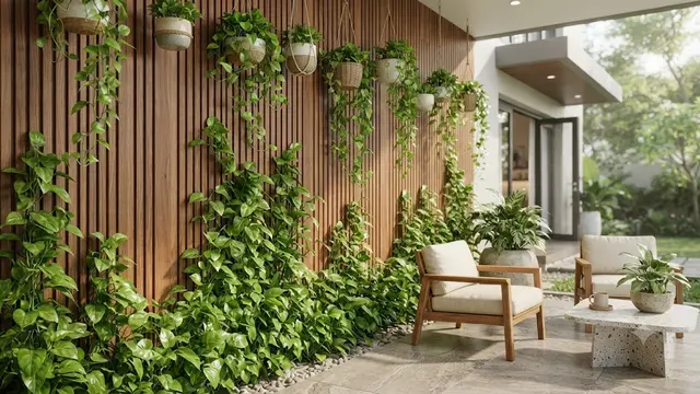 Kombinasi Sirih Gading dan Panel Kayu WPC untuk Teras Rumah