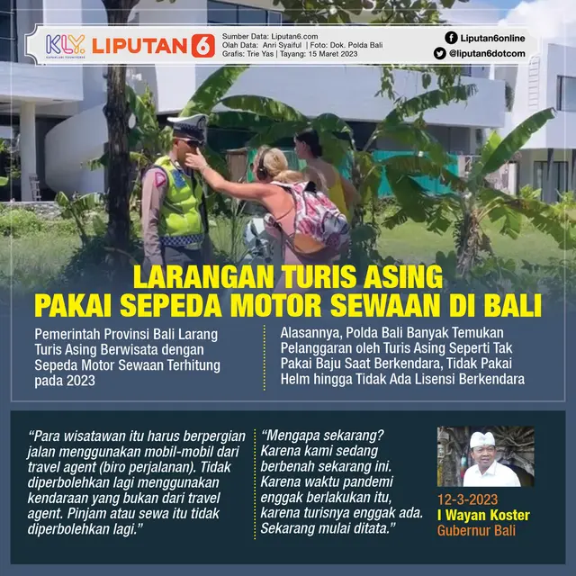 Infografis Larangan Turis Asing Pakai Sepeda Motor Sewaan di Bali. (Liputan6.com/Trieyasni)