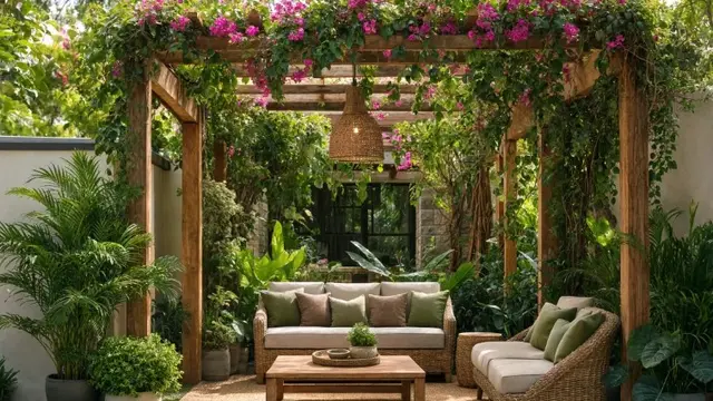 Inspirasi Area Duduk Outdoor di Halaman Belakang dengan Pergola dan Tanaman Hias (AI Generated)