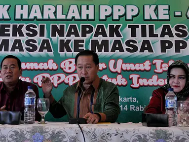 PPP kubu Djan Faridz menggelar konferensi pers terkait Mukernas yang diadakan oleh PPP Kubu Romahurmuziy, Jakarta, Senin (16/2/2015). Menurut mereka Mukernas yang diadakan oleh PPP Kubu Romi adalah ilegal(Liputan6.com/ Johan Tallo)