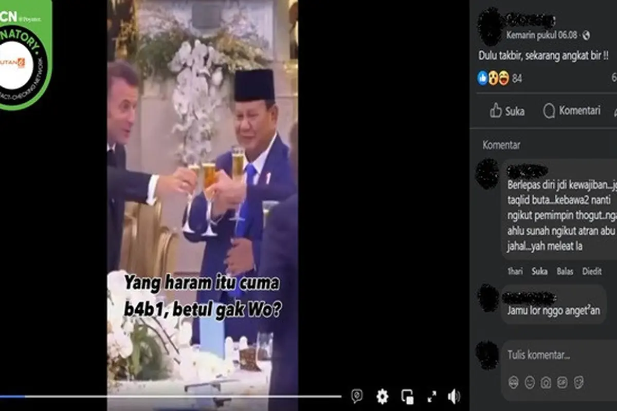 Gambar tangkapan layar kabar tentang Presiden Prabowo Subianto meminum bir saat menjamu Presiden Prancis Emmanuel Macron di Istana Kepresidenan. (sumber: Facebook)