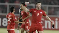 Striker Persija Jakarta, Marko Simic, melakukan selebrasi usai mencetak gol ke gawang Home United pada laga Piala AFC di SUGBK, Jakarta, Selasa (15/5/2018). Persija takluk 1-3 dari Home United. (Bola.com/M Iqbal Ichsan)