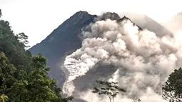 Orang-orang melihat Gunung Merapi yang memuntahkan batu dan abu di Yogyakarta (27/1/2021).  Potensi bahaya saat ini berupa guguran lava dan awan panas pada sektor selatan-barat daya meliputi sungai Boyong, Bedog, Krasak, Bebeng, dan Putih sejauh maksimal 5 kilometer.  (AFP/ Agung Supriyanto)