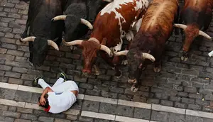 Momen Peserta Terjatuh Saat Berlari Bersama Banteng di Festival San Fermin