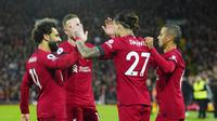 Ekspresi para pemain Liverpool usai mencetak gol ke gawang Leicester dalam lanjutan pekan ke-18 Liga Inggris 2022/2023, Sabtu (31/12/2022) dini hari WIB. (AP Photo/Jon Super)
