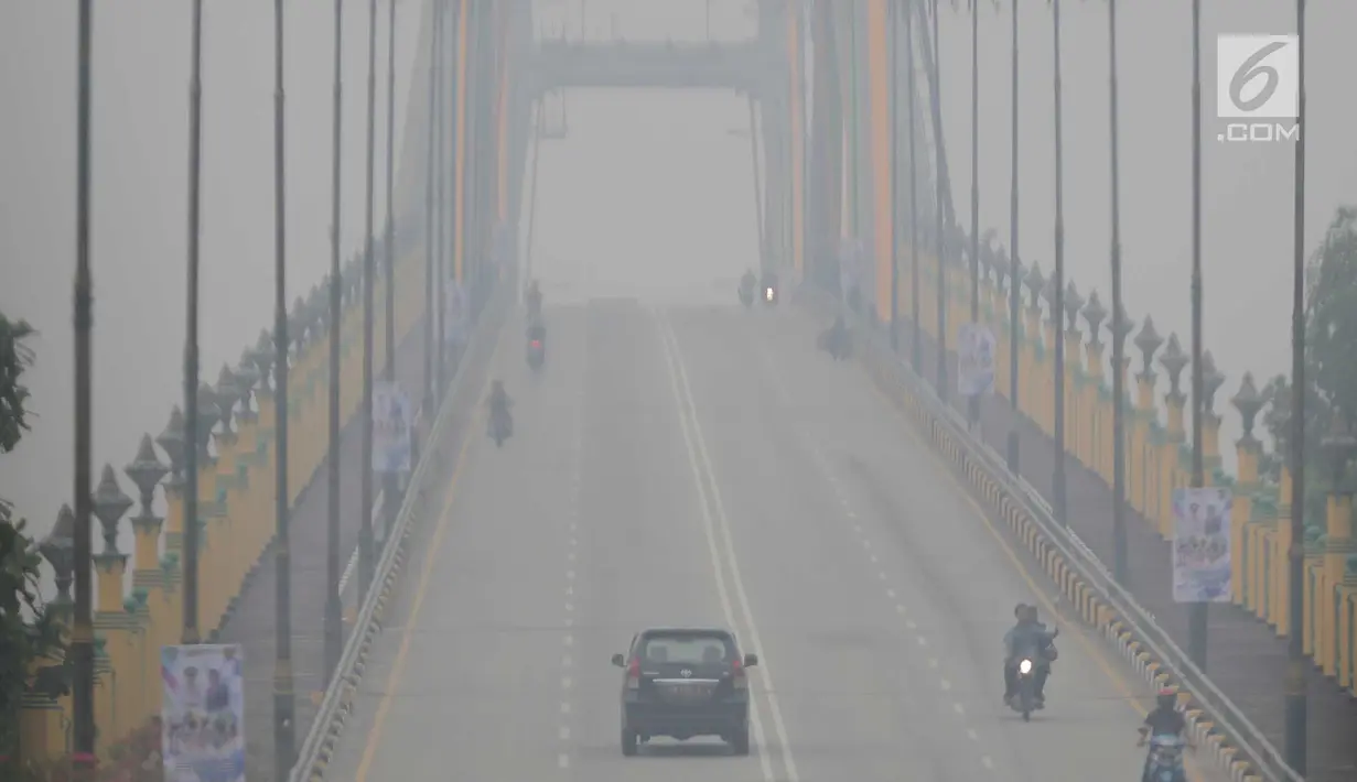 Sejumlah kendaraan melintas di atas jembatan yang diselimuti kabut asap di Kota Pekanbaru, Riau, Selasa (10/9/2019). Kabut asap akibat kebakaran hutan dan lahan (karhutla) tersebut menurunkan jarak pandang dan kualitas udara turun ke status tidak sehat. (Liputan6.com/Faizal Fanani)