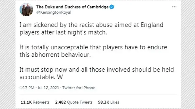 Kekesalan Pangeran William atas Pelecehan Rasis pada Pemain Timnas Inggris