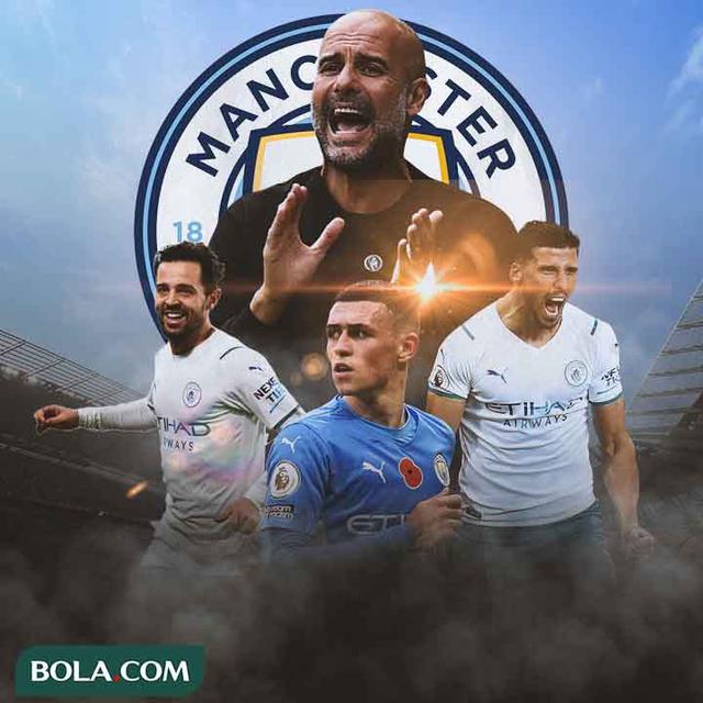 Manchester City - Pep Guardiola dikelilingi Phil Foden, Bernado Silva, Ruben Dias