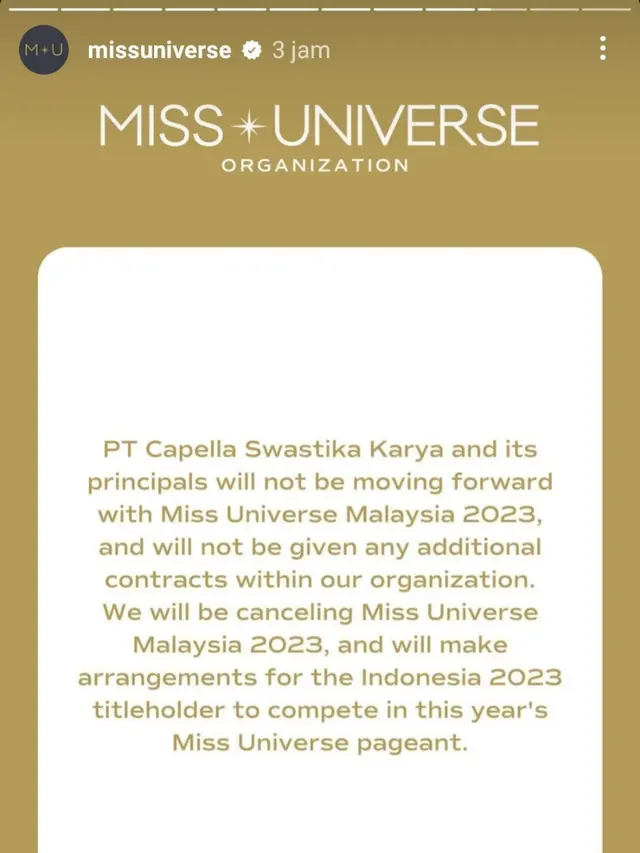 Pernyataan tertulis Organisasi Miss Universe. (Foto: Dok. Instagram @missuniverse)