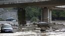 Seekor Kuda Nil berjalan di genangan air di tengah kota di Tbilisi, Georgia, Minggu (14/6/2015). Banjir yang melanda daerah tersebut menyebabkan sejumlah hewan lepas dari kebun binatang. (REUTERS/Beso Gulashvili)