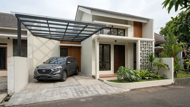 Gaya Minimalis Konkret Ekspos dengan Kanopi Transparan