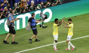 Selebrasi Vinicius Jr saat Brasil mencukur Skotlandia di Piala Dunia 2026 (AFP)