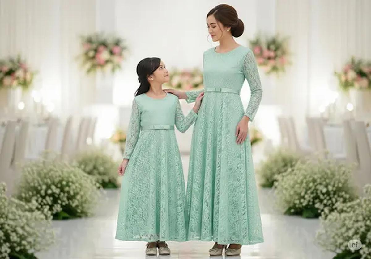 Long Dress Brokat A-Line Klasik/Baju Brokat Anak Kembaran dengan Ibu untuk Pesta (Sumber: gemini.com)