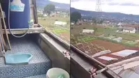 Viral pemandangan kamar mandi terbuka dengan pemandangan sawah dan gunung (sumber: Twitter/txtdarigajelas)