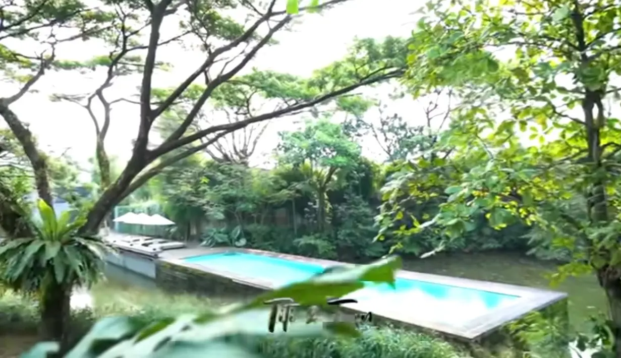 <p>Kolam renang sangat panjang dengan pemandangan pohon-pohon besar yang membuat semakin asri. Menurut Ammar, pengembang membiarkan beberapa pohon besar dan membuat perumahan semakin indah. [Youtube/Titi dan Tian]</p>