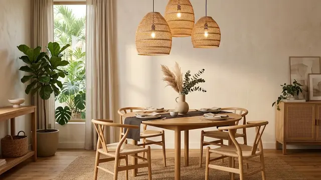 Tiga Lampu Gantung Anyaman untuk Meja Makan Bulat