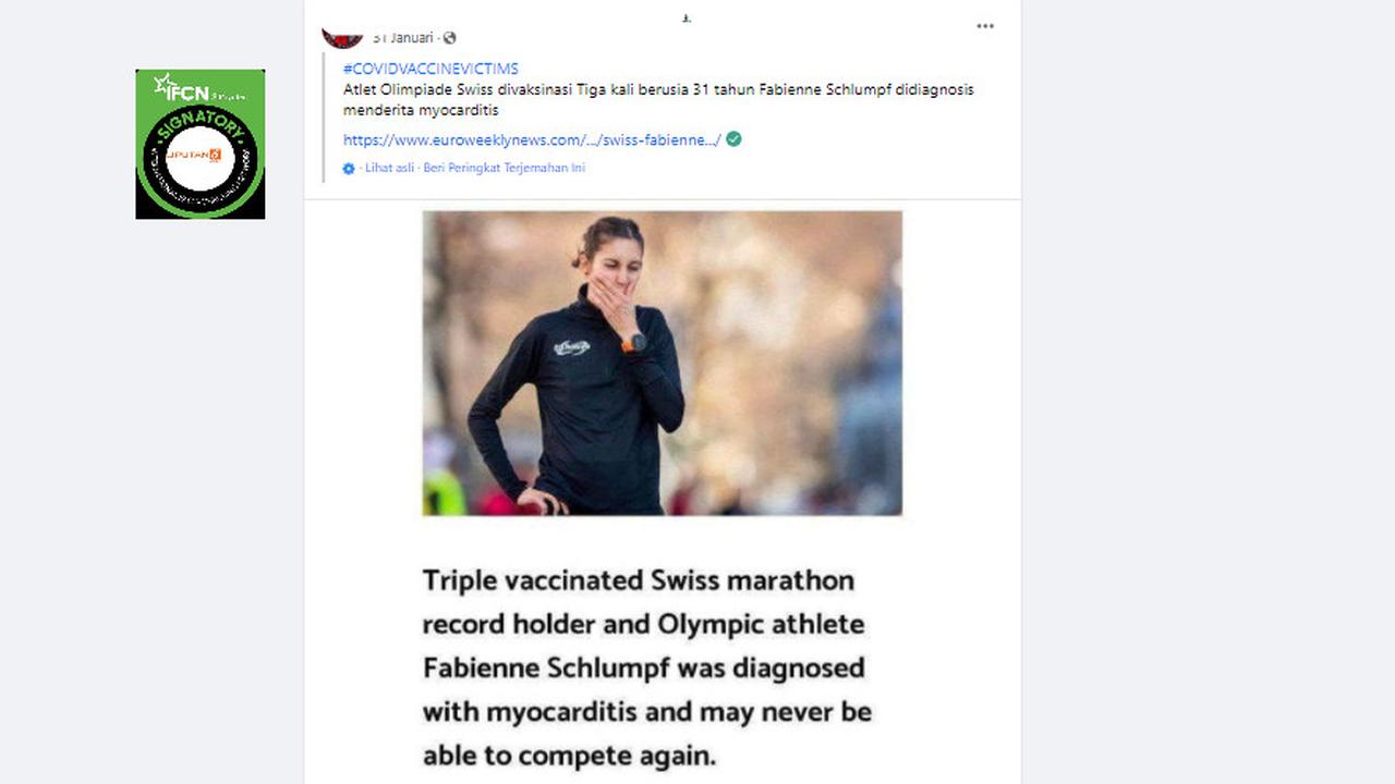 Cek Fakta Liputan6.com menelusuri klaim atlet olimpiade Swiss Fabienne Schlumpf menderita miokarditis karena vaksin Covid-19 tiga kali