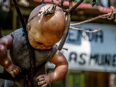 Isla de La Munecas dalam bahasa meksiko berati pulau boneka. Sesuai namanya, di pulau ini banyak boneka-boneka yang sangat menyeramkan dalam kondisi termutilasi digantungkan di pepohonan, Meksiko, Jumat (14/11/2015). (Reuters)