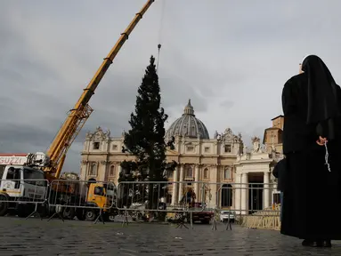 Seorang biarawati memandangi sebuah crane yang mengangkat pohon cemara di Lapangan Santo Petrus, Vatikan, Kamis (21/11/2019). Pohon Natal setinggi 26 meter tersebut berasal dari Dataran Tinggi Asiago di timur laut Italia dan disumbangkan oleh wilayah Veneto. (AP Photo/Alessandra Tarantino)