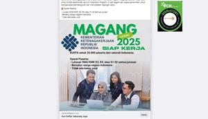 Tangkapan layar klaim link pendaftaran magang Kemnaker 2025 yang beredar di Facebook.