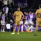 Eric Garcia dari Barcelona bereaksi setelah gol ketiga oleh Barcelona selama pertandingan sepak bola La Liga Spanyol antara Valladolid dan FC Barcelona di stadion Jose Zorrilla di Valladolid, Spanyol, Selasa, 23 Mei 2023. (AP Photo/Manu Fernandez)