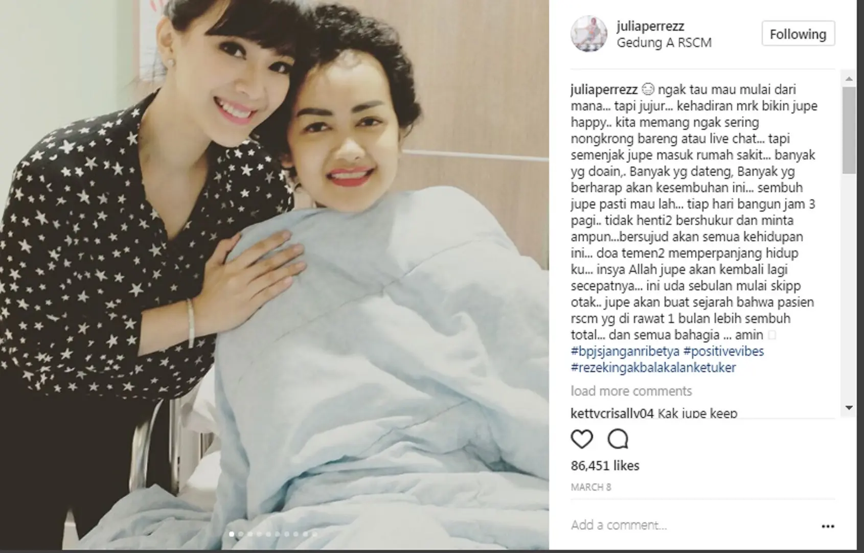 Julia Perez sadar, setidap da dari teman-temannya akan memperpanjang usianya. (Instagram @juliaperrezz)