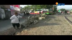 Nanan memajang domba dagangannya di persimpangan rel kereta api, tepatnya di Sidangkasih, Purwakarta meski berbahaya.