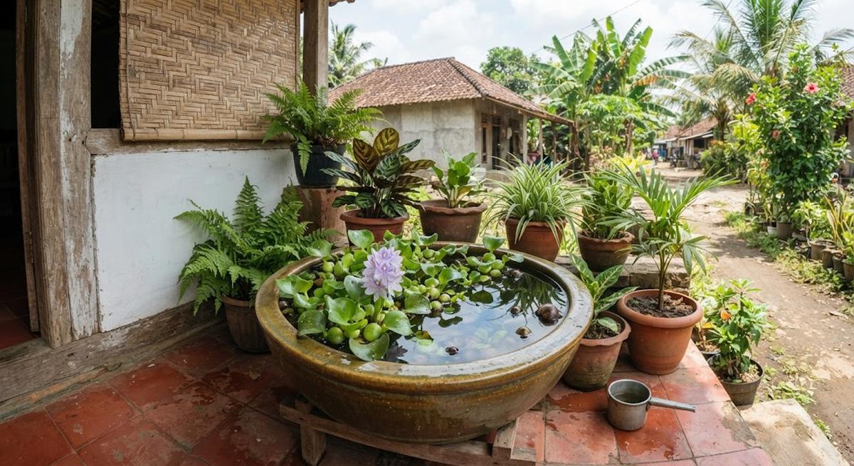 Tanaman yang cocok dipadukan dengan kolam mini di teras yakni eceng gondok