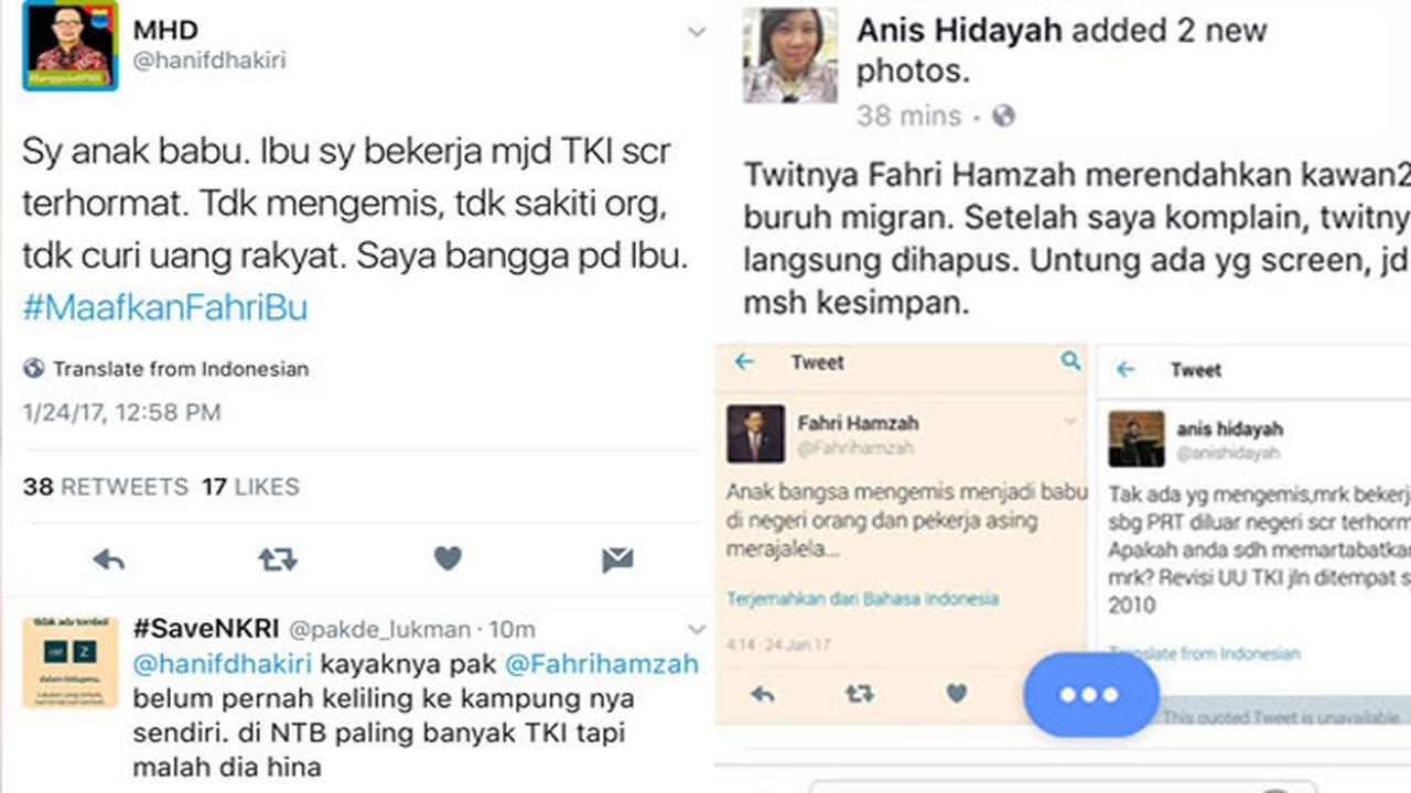 Kicauan Menaker Hanif Dhakiri dan Anis Hidayah menanggapi kicauan Fahri Hamzah