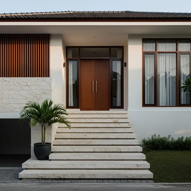 Model Rumah Minimalis dengan Tangga Depan Batu Alam (Image by Gemini AI)