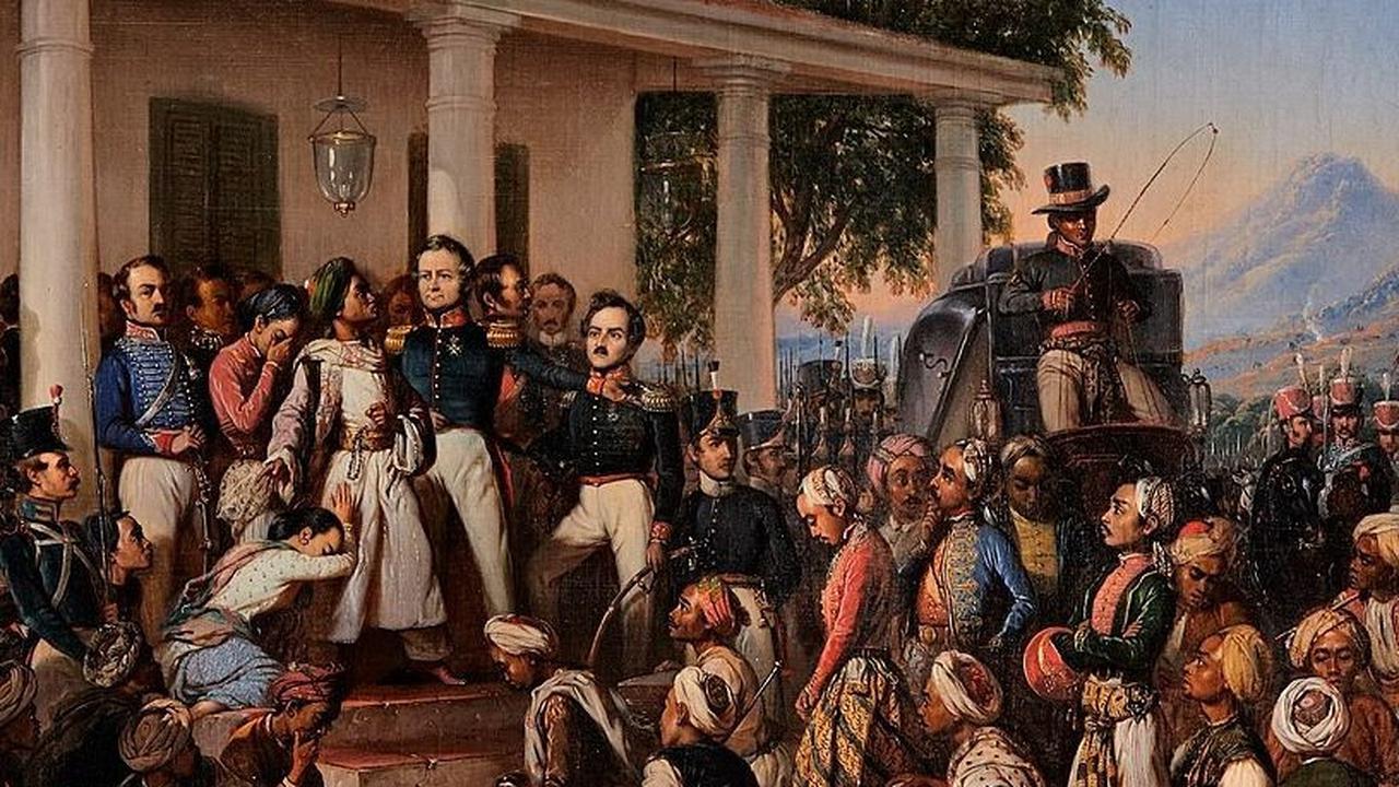 Raden Saleh menempatkan Diponegoro dan Jenderal De Cock dalam satu tingkat tangga yang sama. Berbeda dengan Pieneman yang melukis Diponegoro berada lebih rendah.