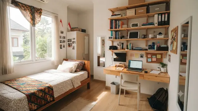 Desain Kamar Kos yang Bikin Penghuninya Bangun Pagi yang Cocok untuk Pekerja dan Mahasiswa yang Sering Kesiangan Model dengan Rak Dinding Multifungsi
