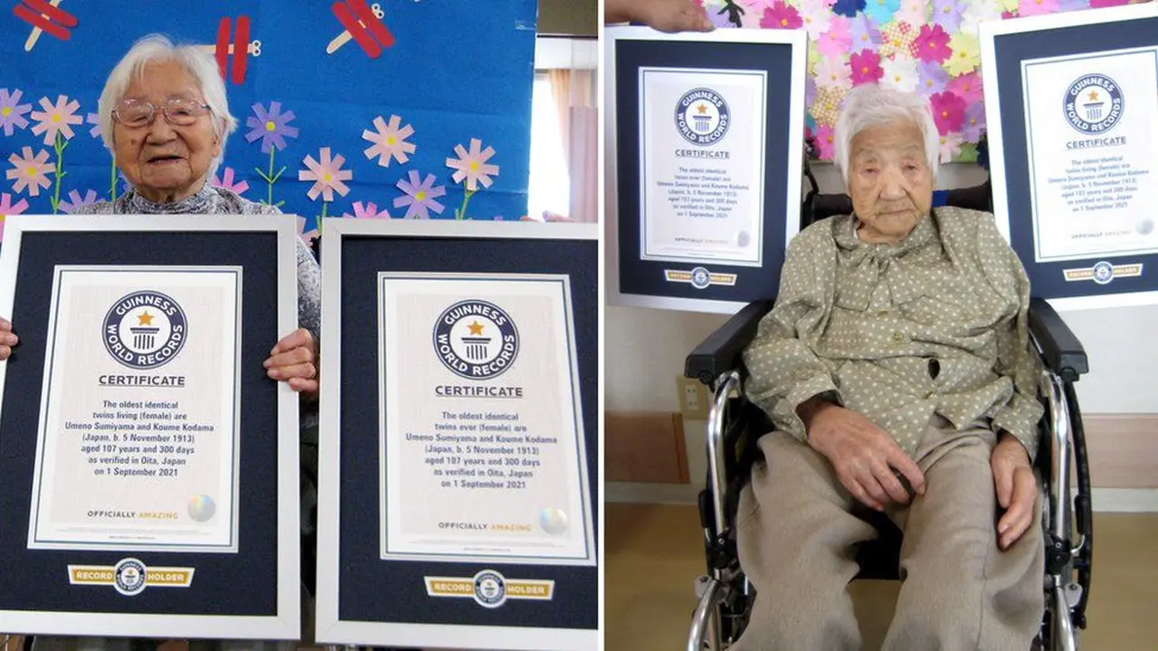 Pasangan kembar tertua tercatat di Jepang dengan usia 107 tahun.
