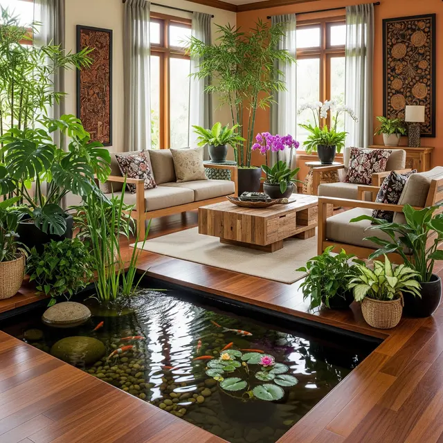 Model Ruang Tamu dengan Tanaman Hias dan Kolam Mini