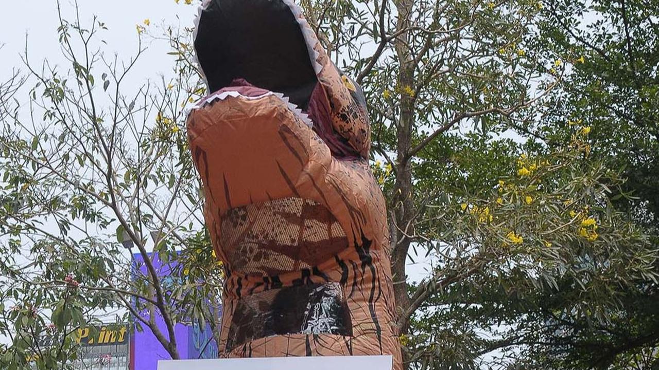 FOTO: Berkostum Dinosaurus, Aktivis PETA Ajak Masyarakat Hidup Vegan Tanpa Eksploitasi Hewan