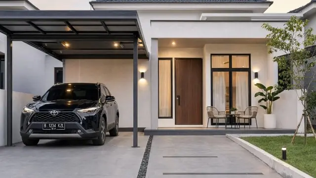 Ide Desain Halaman Depan Rumah dengan Carport dan Teras (AI Generated)
