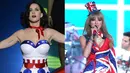 Katy Perry memakai Gaun dengan gaya bendera Amerika sementara TayTay dengan gaya bendera Inggris saat konser. (REX/Shutterstock/HollywoodLife)