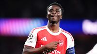 Pemain Arsenal, Bukayo Saka, melakukan selebrasi setelah mencetak gol ke gawang Atletico Madrid pada laga leg kedua semifinal Liga Champions di Stadion Emirates, Rabu (6/5/2026). (John Walton/PA via AP)