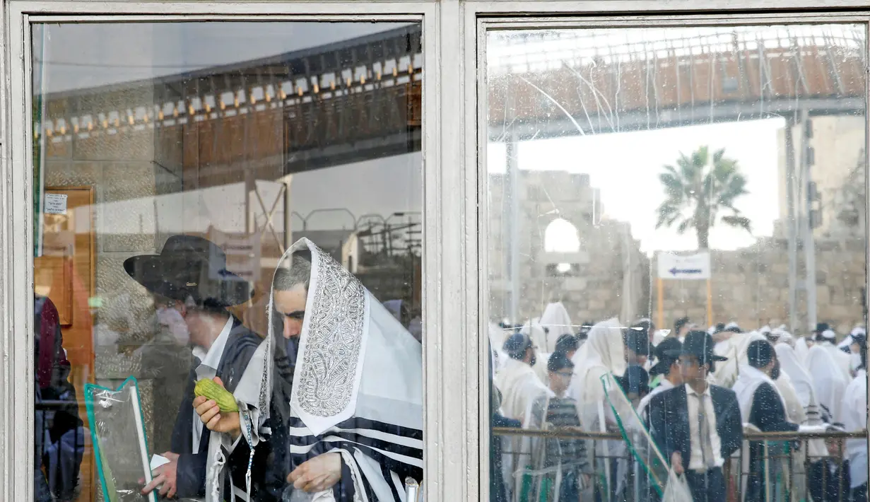 Seorang umat Yahudi saat melakukan ritual selama liburan Sukkot di depan Tembok Ratapan di Kota Tua Yerusalem, (19/10). (REUTERS/Baz Ratner)
