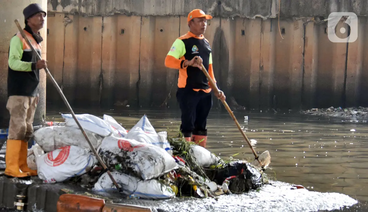 Petugas membawa tumpukan sampah hasil bersih-bersih pada kegiatan Grebeg Kali Ciliwung. (Liputan6.com/Herman Zakharia)
