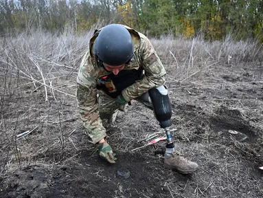 Andriy Ilkiv, seorang penjinak ranjau dari kepolisian nasional Ukraina, yang kehilangan kakinya tahun lalu akibat ledakan ranjau, mencari ranjau di sebuah ladang di distrik Izyum, wilayah Kharkiv, di tengah invasi Rusia ke Ukraina pada 24 Oktober 2023. (SERGEY BOBOK / AFP)
