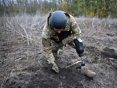 Andriy Ilkiv, seorang penjinak ranjau dari kepolisian nasional Ukraina, yang kehilangan kakinya tahun lalu akibat ledakan ranjau, mencari ranjau di sebuah ladang di distrik Izyum, wilayah Kharkiv, di tengah invasi Rusia ke Ukraina pada 24 Oktober 2023. (SERGEY BOBOK / AFP)