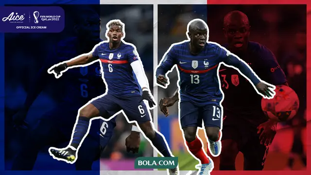 Ilustrasi - Paul Pogba dan N'golo Kante, logo AICE