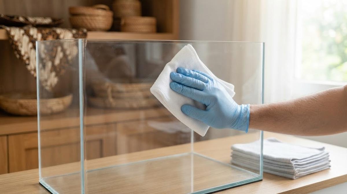 Mengeringkan Akuarium Akrilik Menggunakan Kain Microfiber