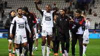 Bek Prancis Rennes #97, Jeremy Jacquet (C), merayakan kemenangan timnya di akhir pertandingan L1 Prancis antara Paris FC dan Stade Rennais FC di stadion Jean-Bouin di Paris, pada 7 November 2025. (FRANCK FIFE/AFP)
