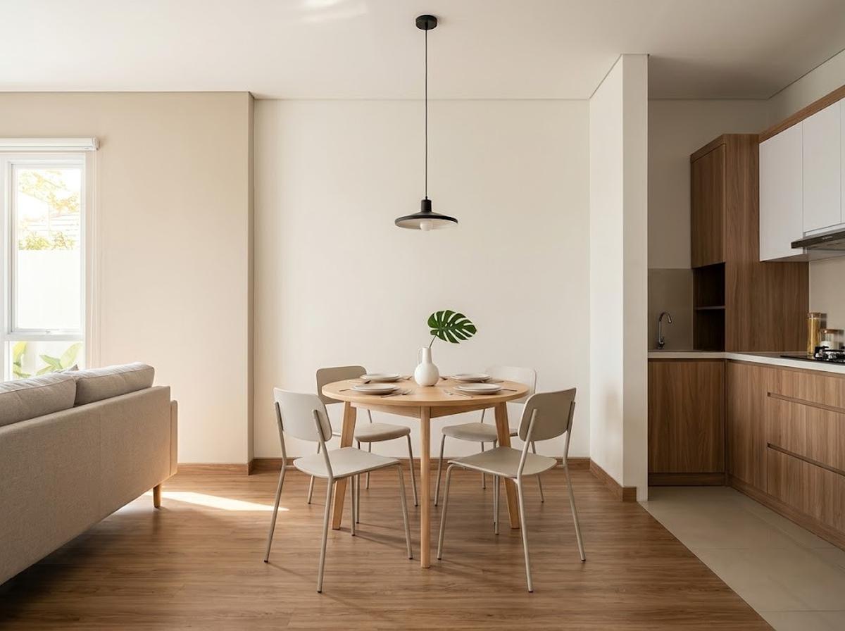 Ruang Makan Minimalis dengan Meja Bundar dan Furnitur Ringkas