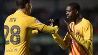 Blaugrana baru bisa menyamakan kedudukan di menit ke-63 lewat Ousmane Dembele. Pemain berkebangsaan Prancis tersebut sukses melesatkan tembakan melengkung yang tak mampu dijangkau Brimah Razak. (AFP/Jorge Guerrero)