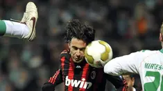 AC Milan's forward Filippo Inzaghi tries to head the ball just before scoring during Werder Bremen vs AC Milan UEFA Cup round of 32 match in Bremen February 18, 2009. AFP PHOTO/JOHN MACDOUGALL