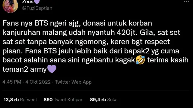 Cuitan @FuziSeptian terkait penggalangan dana tragedi Kanjuruhan oleh ARMY Indonesia